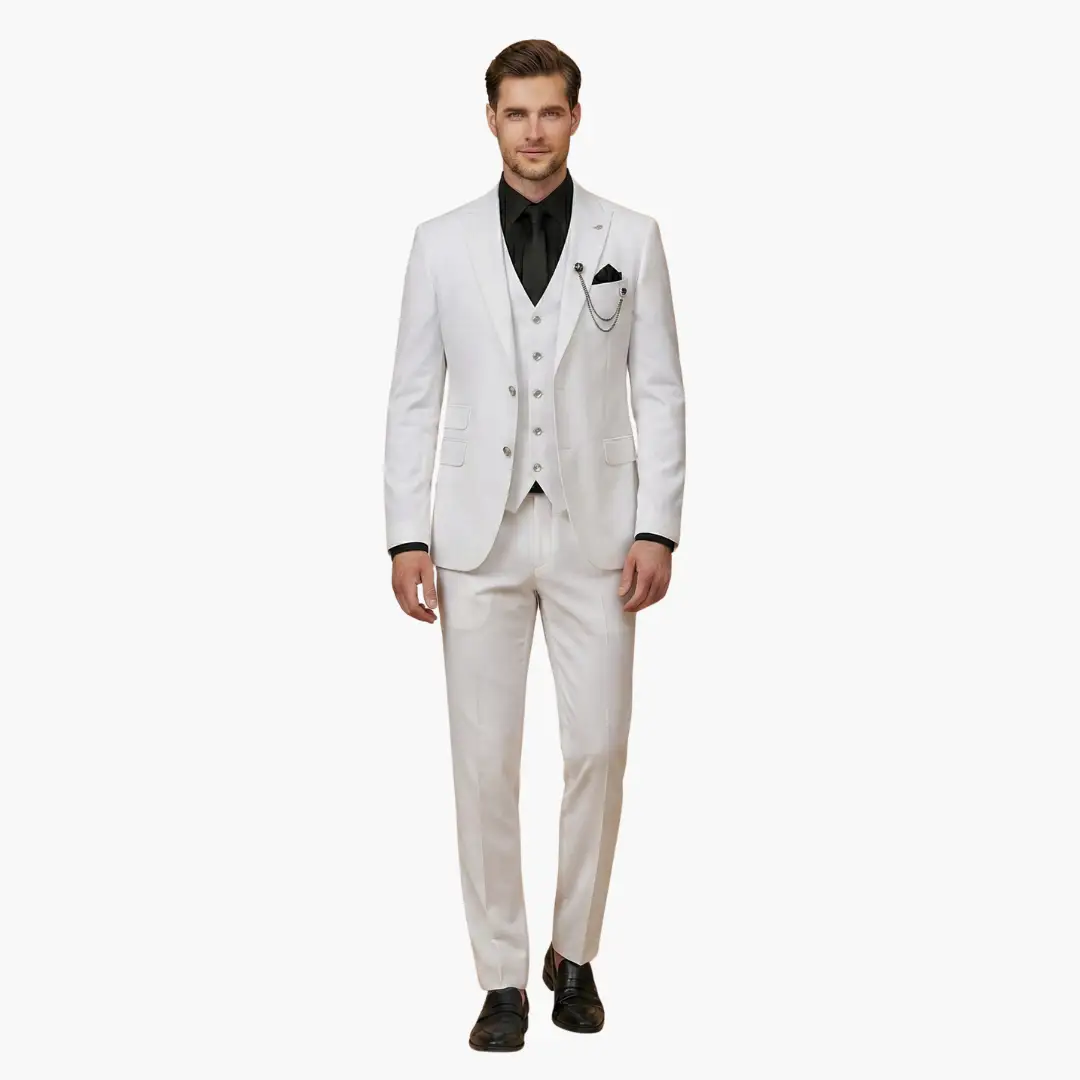 Men's three-piece suit by Wilfred Smith, white slim-fit with vest and notch lapel