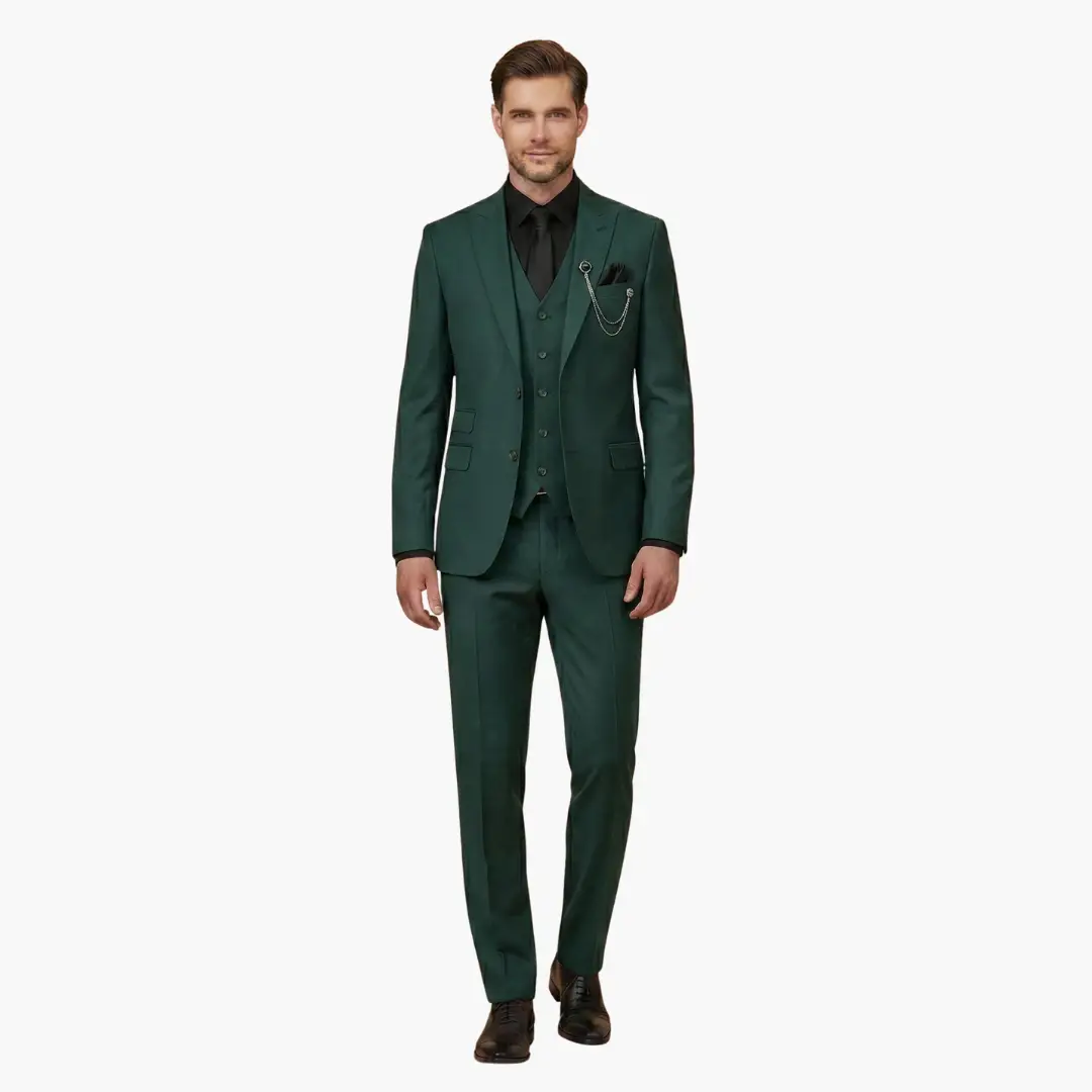 Men's three-piece green suit with notch lapel, matching vest and trousers, chain accessory on vest