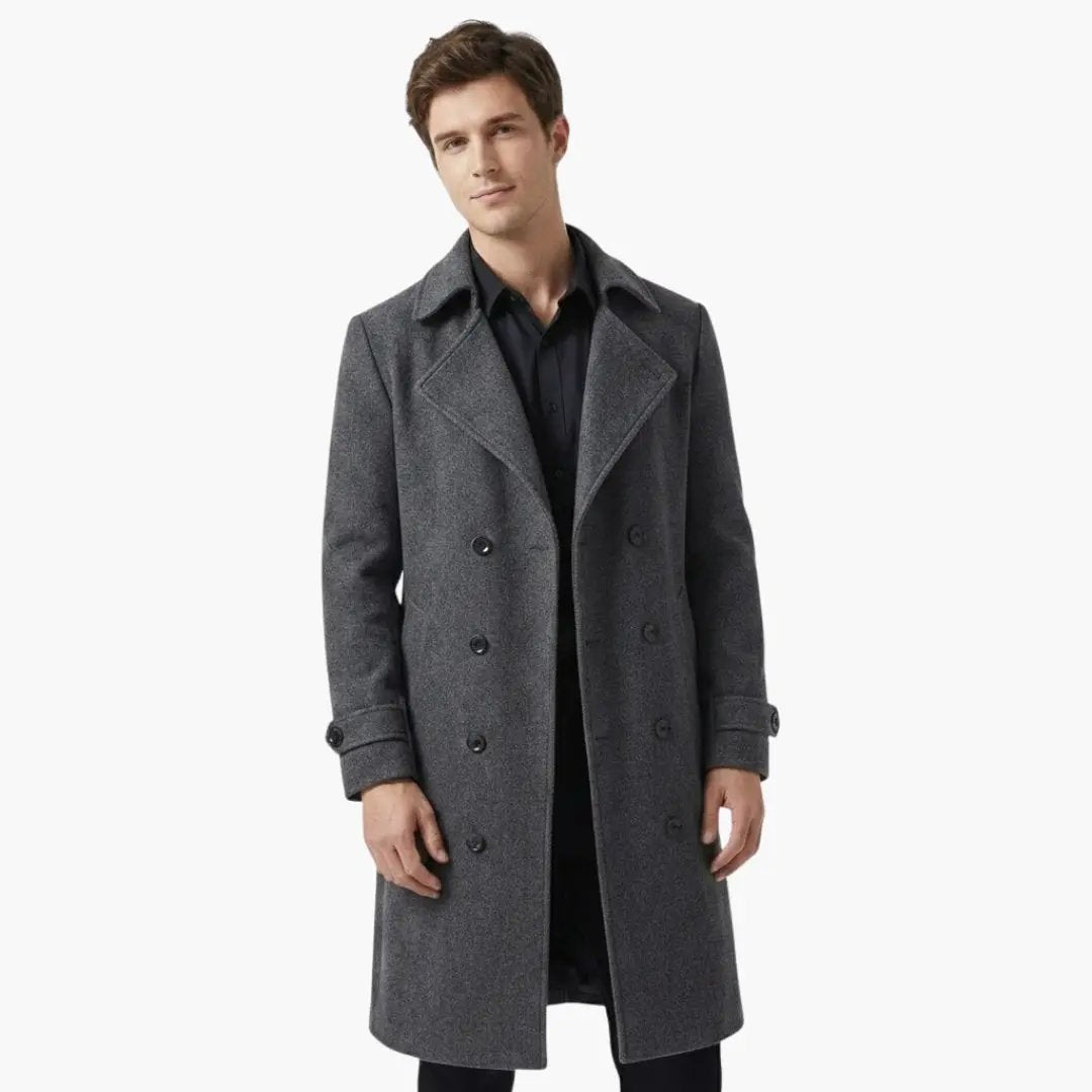 Men’s Trench Coat by Wilfred Smith, gray double-breasted coat with a long structured fit