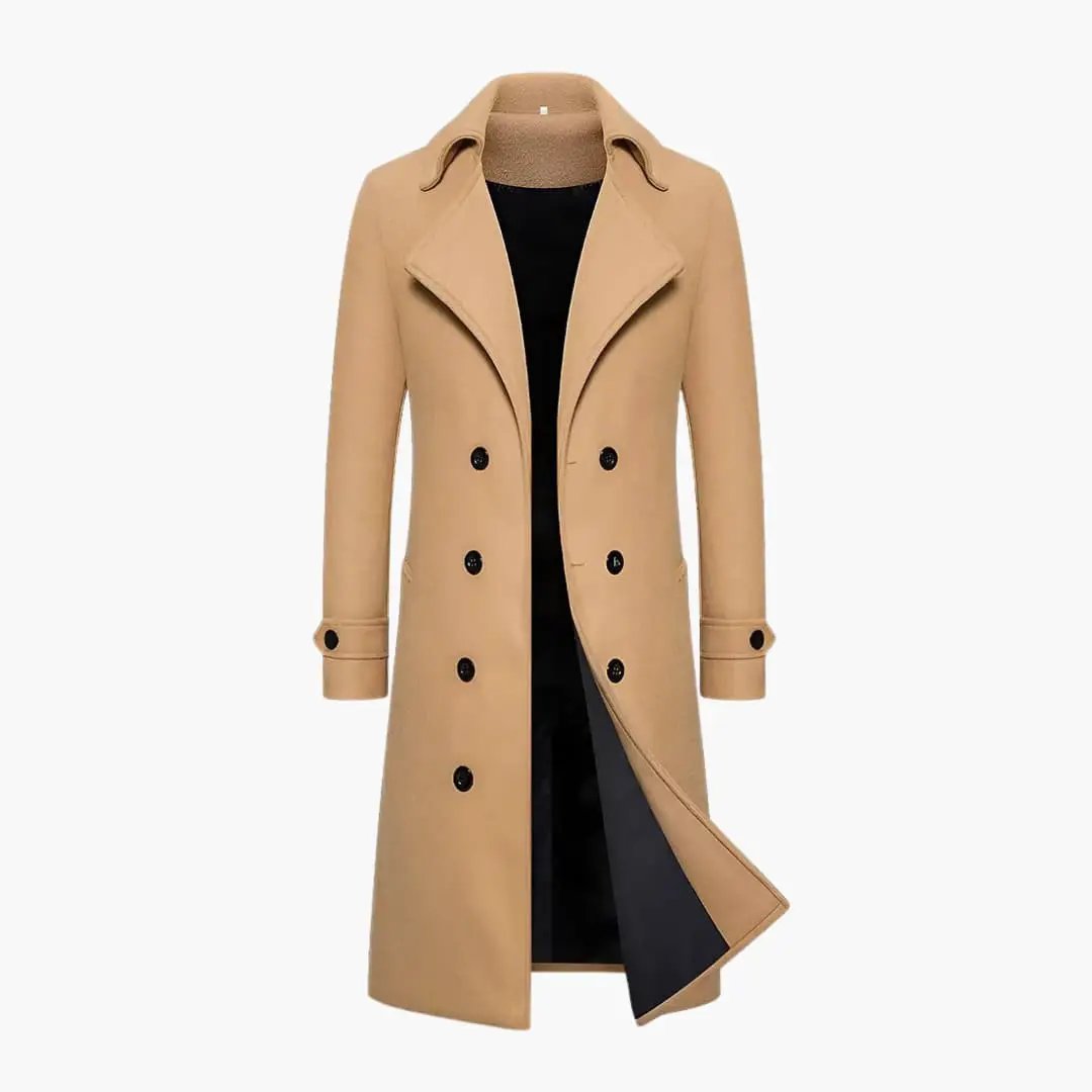 Men's Trench Coat by Wilfred Smith, tan double-breasted long coat with black lining