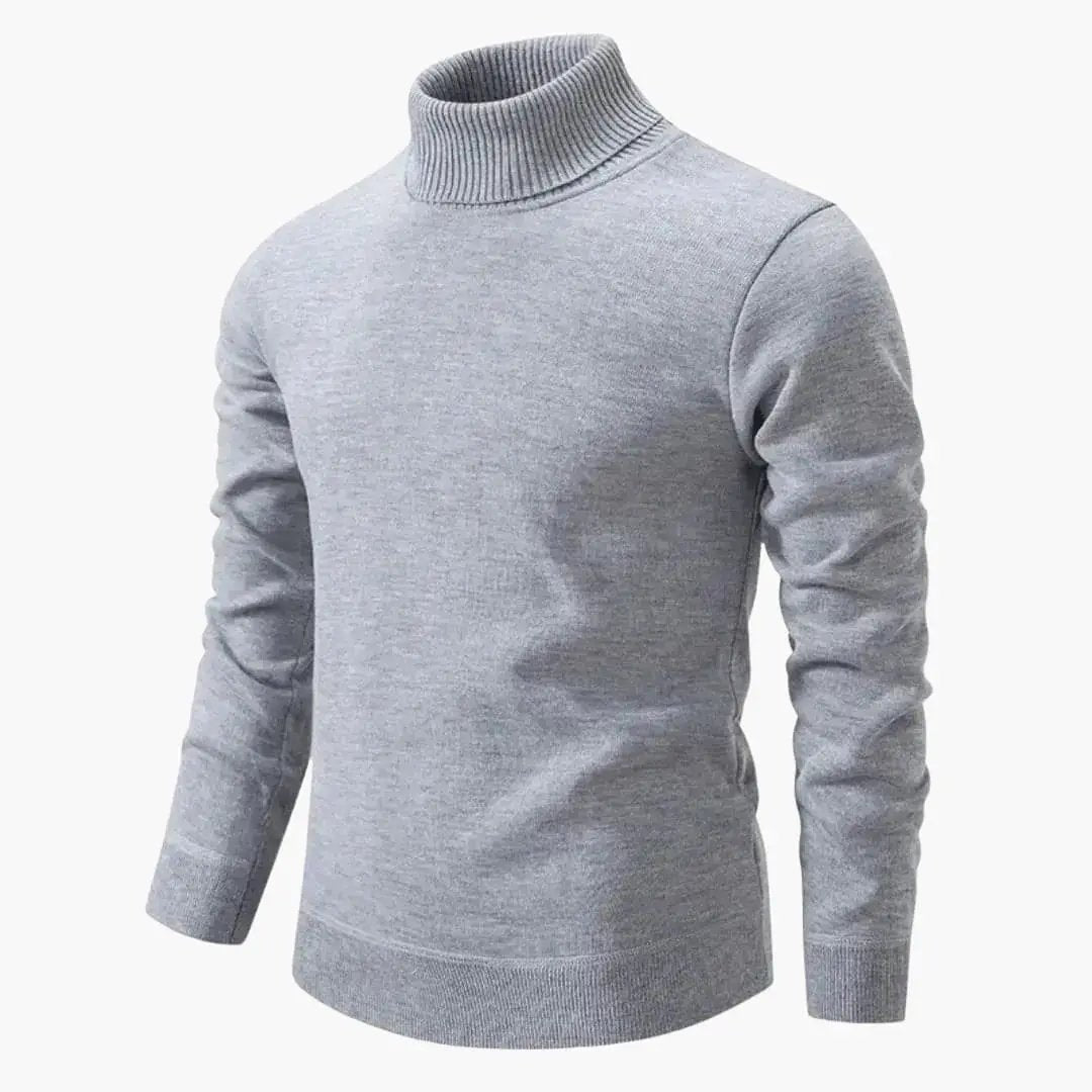 Men's turtleneck sweater with ribbed neck and hem in gray by Wilfred Smith