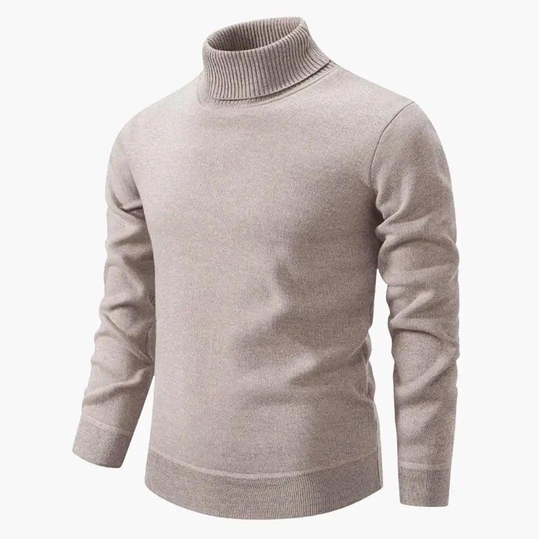Men's turtleneck sweater in beige knit with ribbed neck and hem.