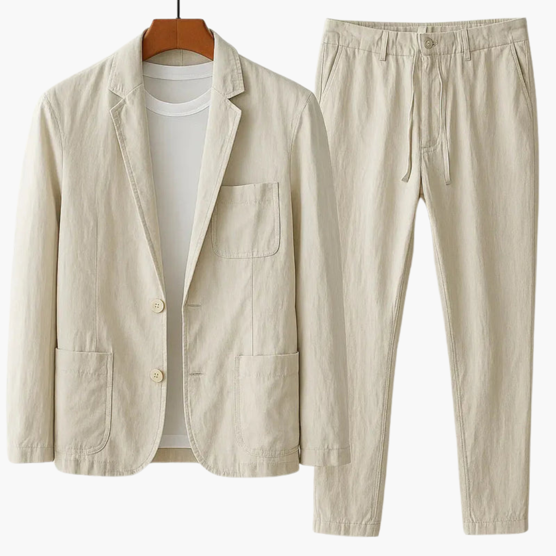 Men’s beige blazer and drawstring trousers two-piece set with patch pockets by Wilfred Smith