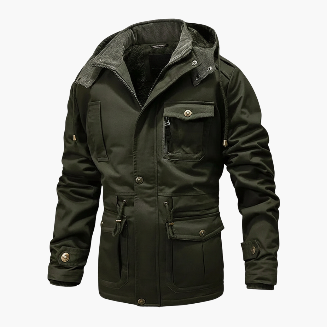 Men’s utility jacket with hood and pockets in olive green parka style with a zip front and multiple pockets.