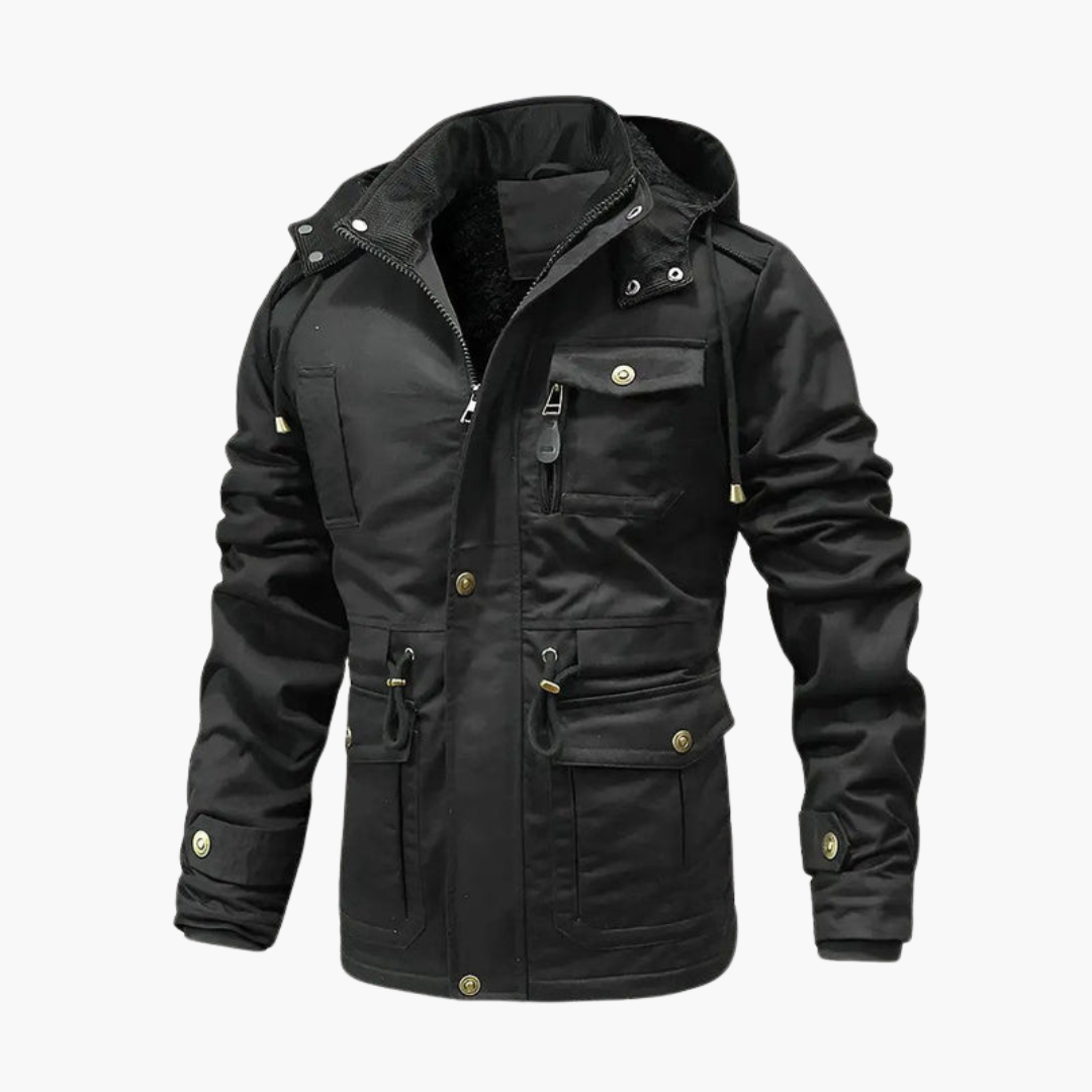 Men's black utility parka jacket with hood and pockets
