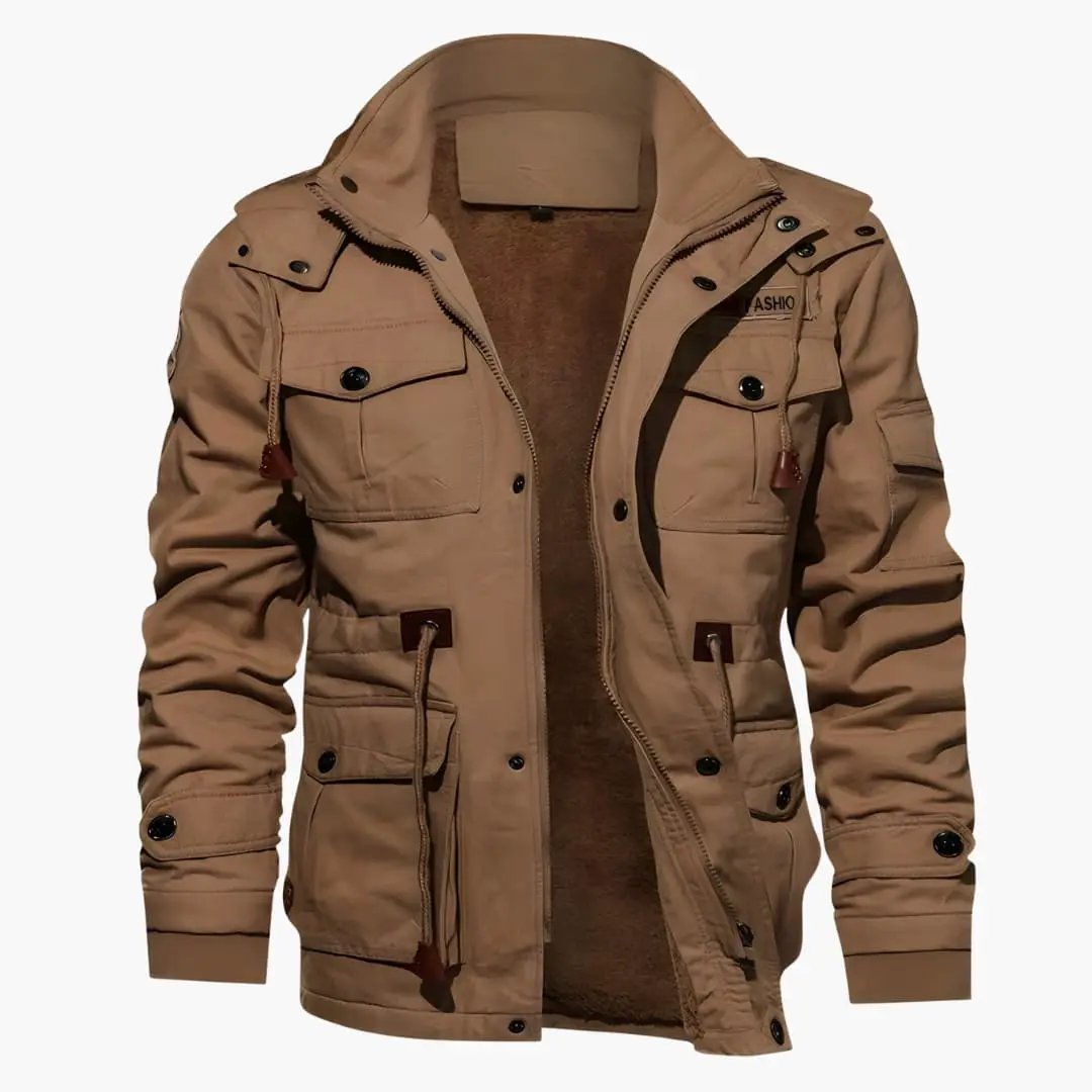 Men's Utility Jacket with Hood and Zipper Front in tan with multiple pockets and drawstrings by Wilfred Smith
