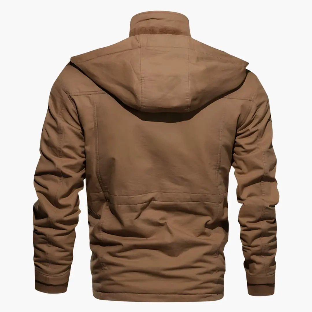 Men’s utility jacket with hood in brown, back view, windbreaker-style outerwear