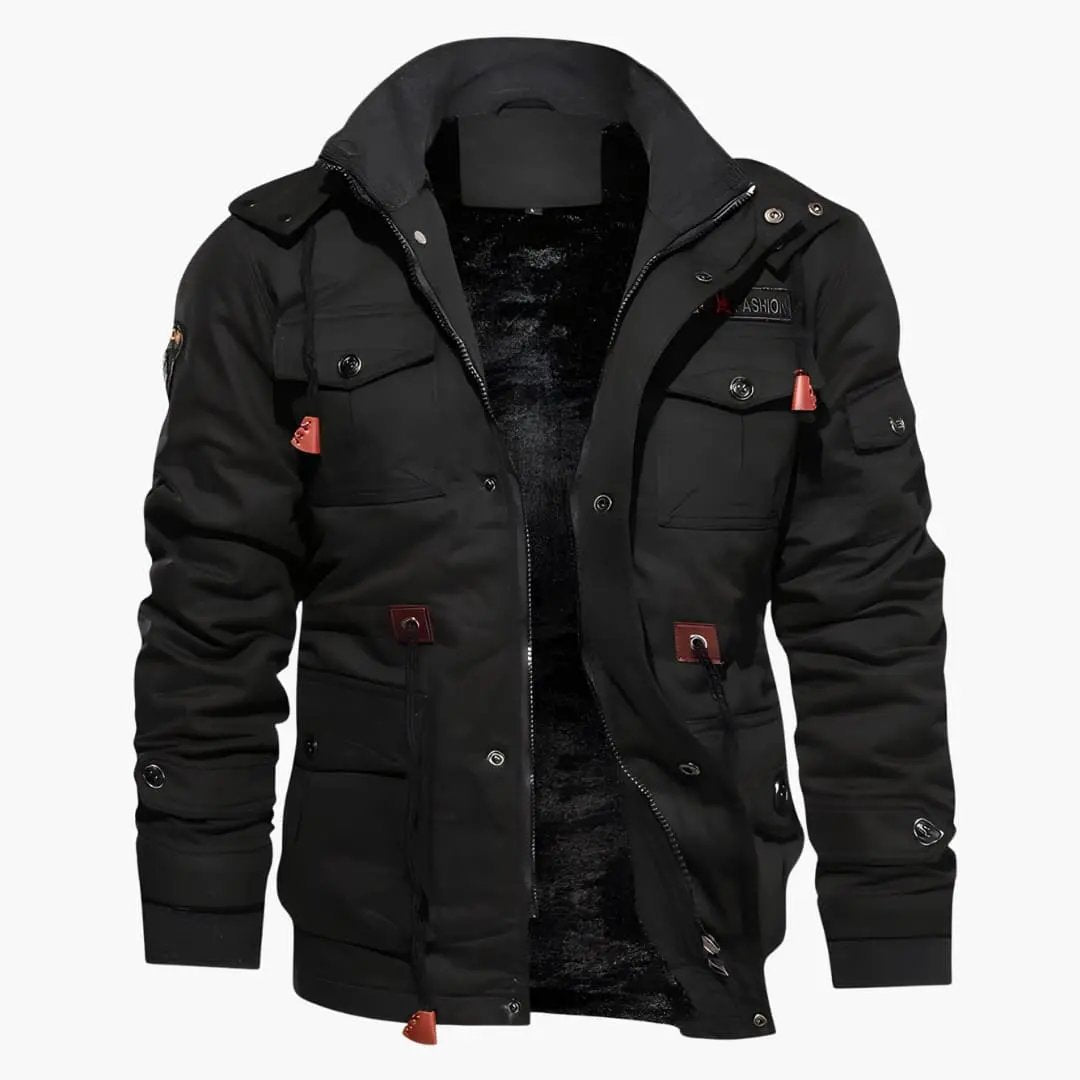 Men’s utility jacket with hood and front zipper, black windbreaker with multiple pockets and red accents