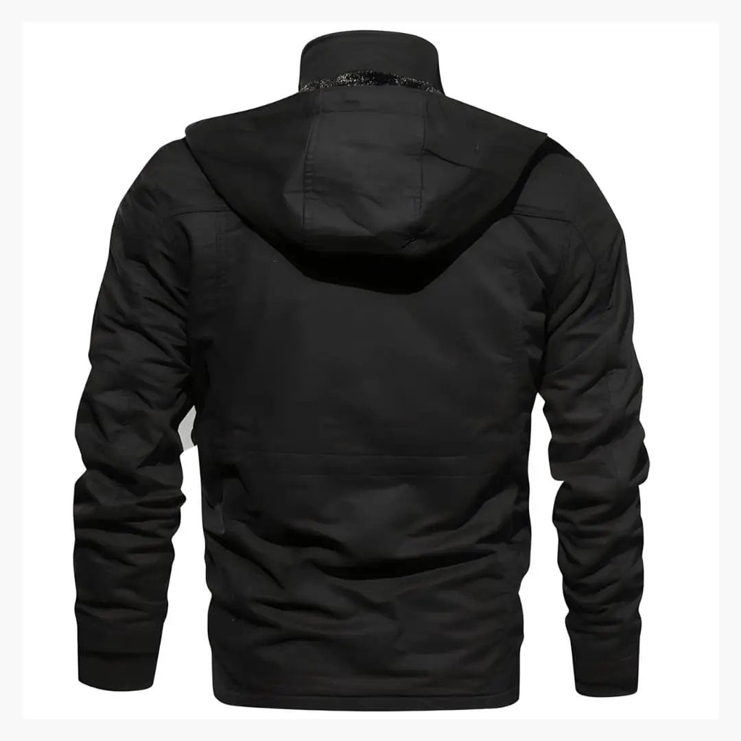 Men’s utility jacket with hood and zipper front in black windbreaker by Wilfred Smith