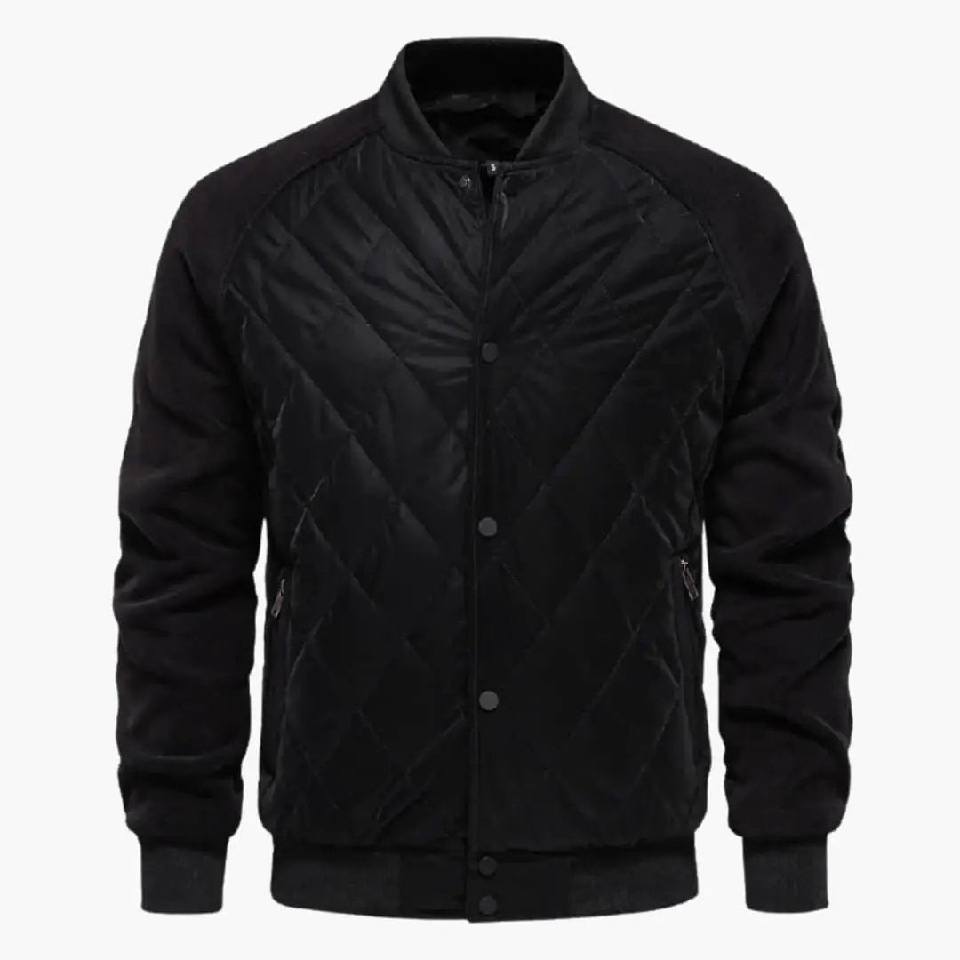 Men’s Zip-Up Bomber Jacket with Ribbed Hem, black quilted design by Wilfred Smith