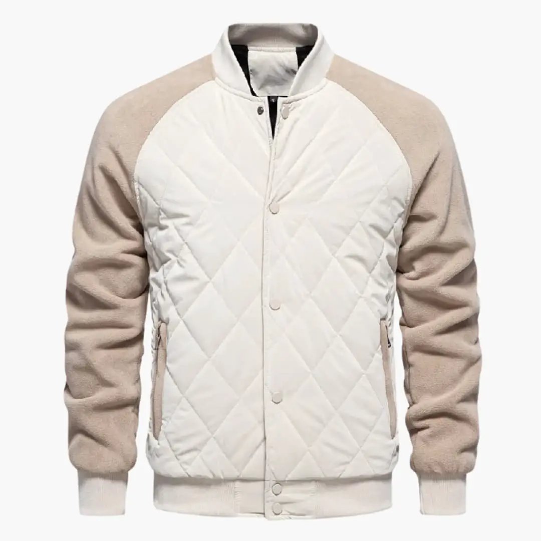 Men’s zip-up bomber jacket with quilted white front, beige sleeves and ribbed hem and cuffs