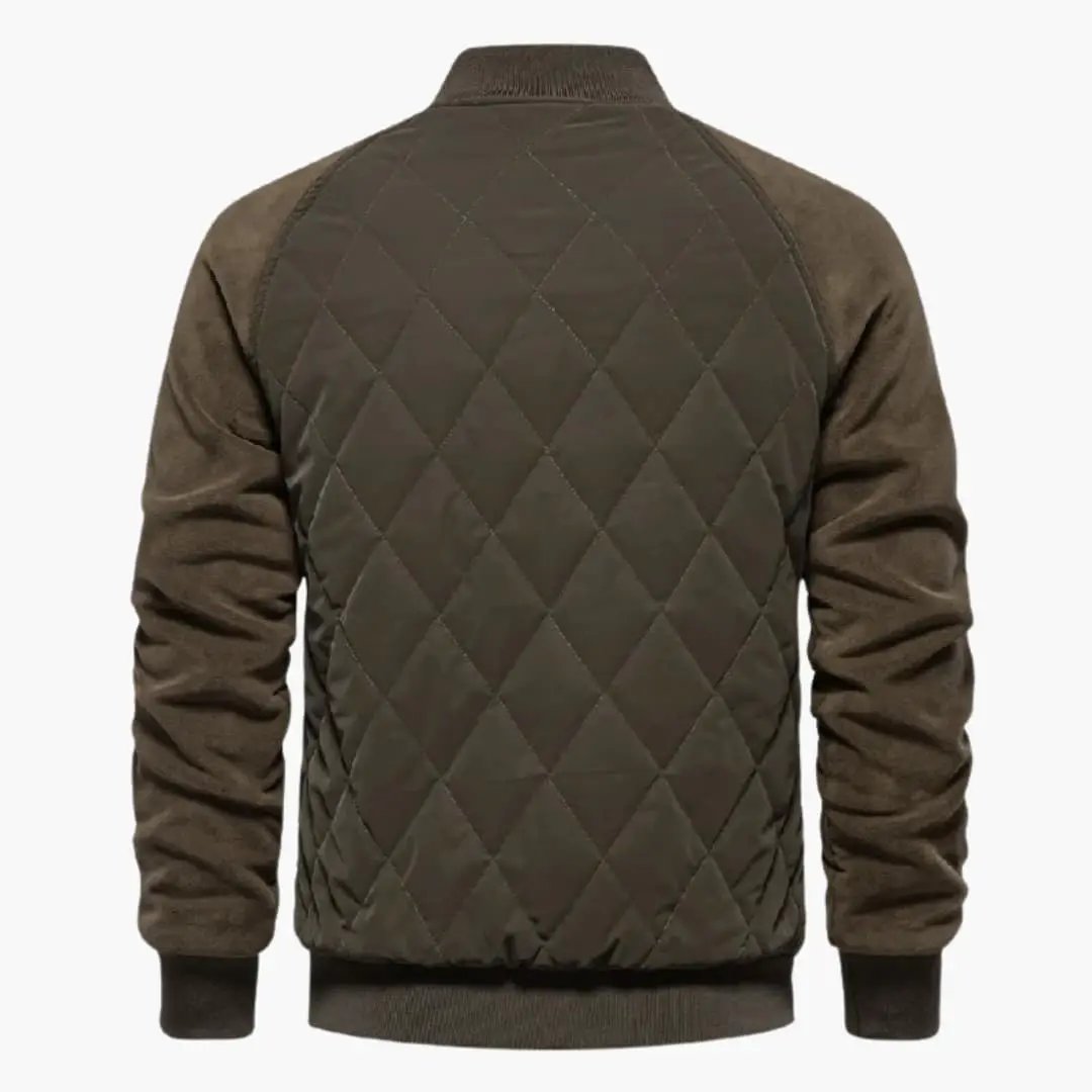 Men’s zip-up bomber jacket with quilted back, olive body and brown suede sleeves, ribbed hem