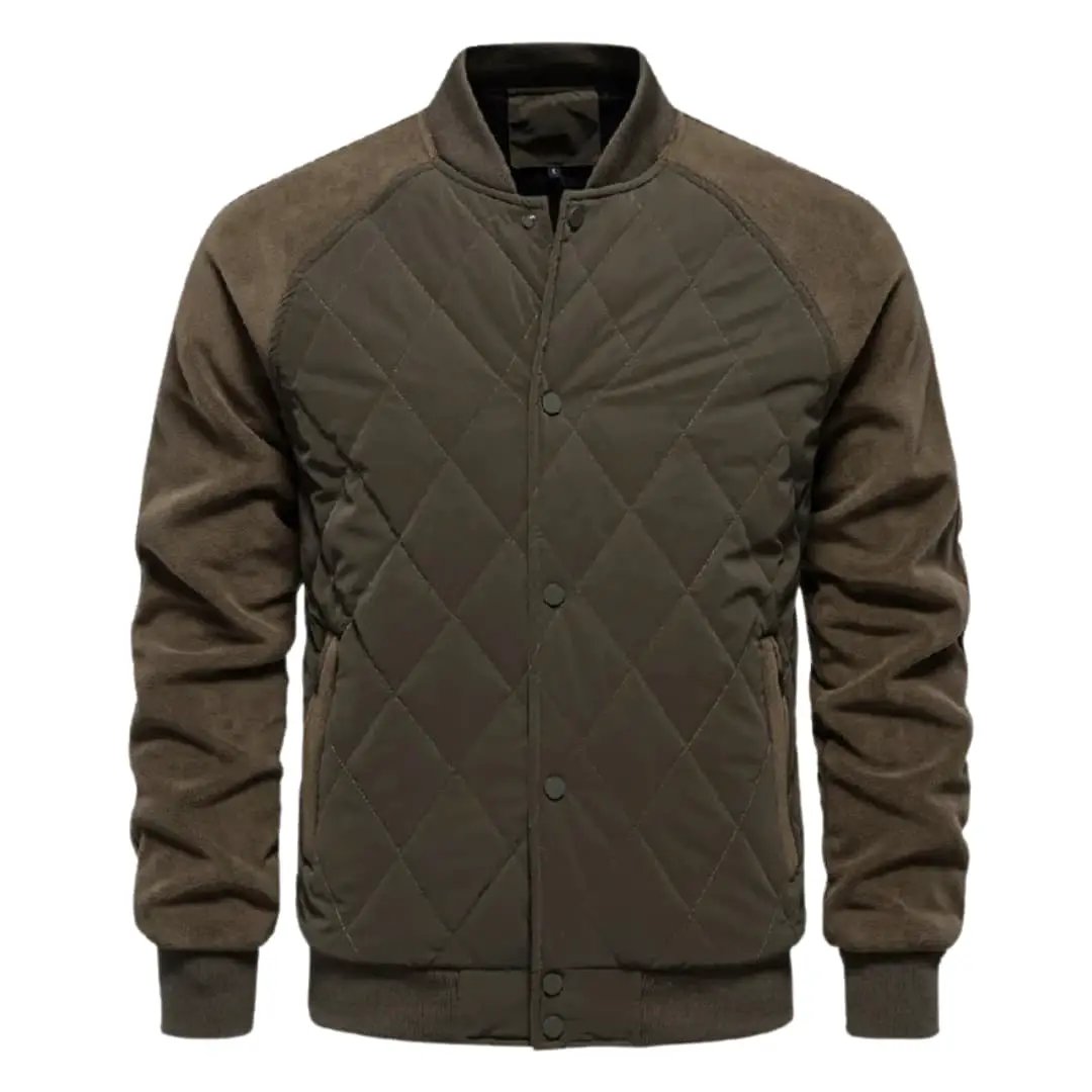 Men’s Wilfred Smith quilted bomber jacket with olive body and brown suede sleeves, ribbed hem and cuffs.