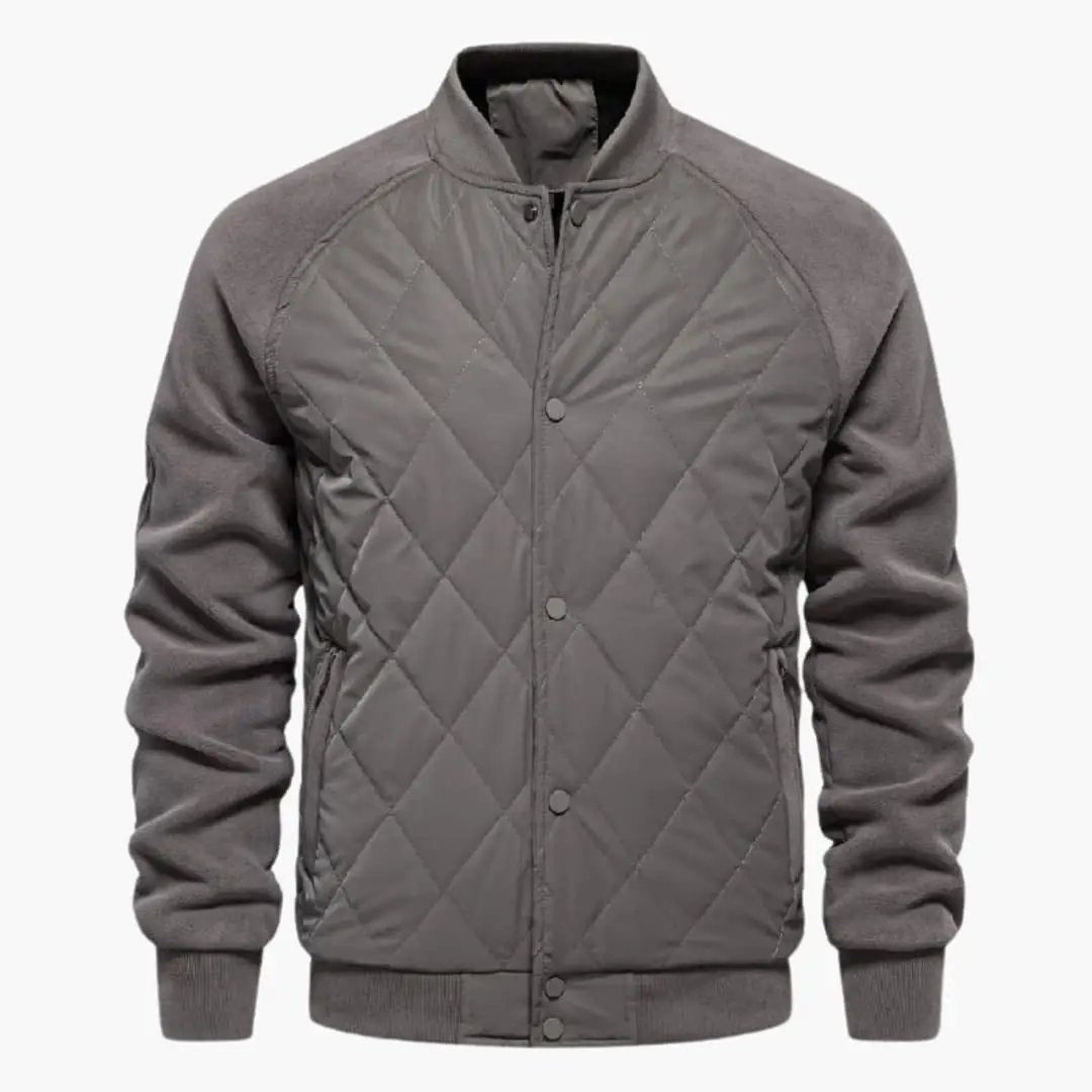 Men’s Zip-Up Bomber Jacket by Wilfred Smith, gray quilted front with ribbed hem and cuffs