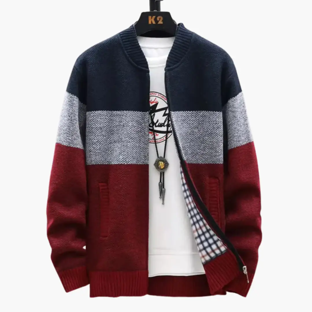 Men's color-block full-zip cardigan with a high collar in navy, gray, and burgundy; features front pockets.