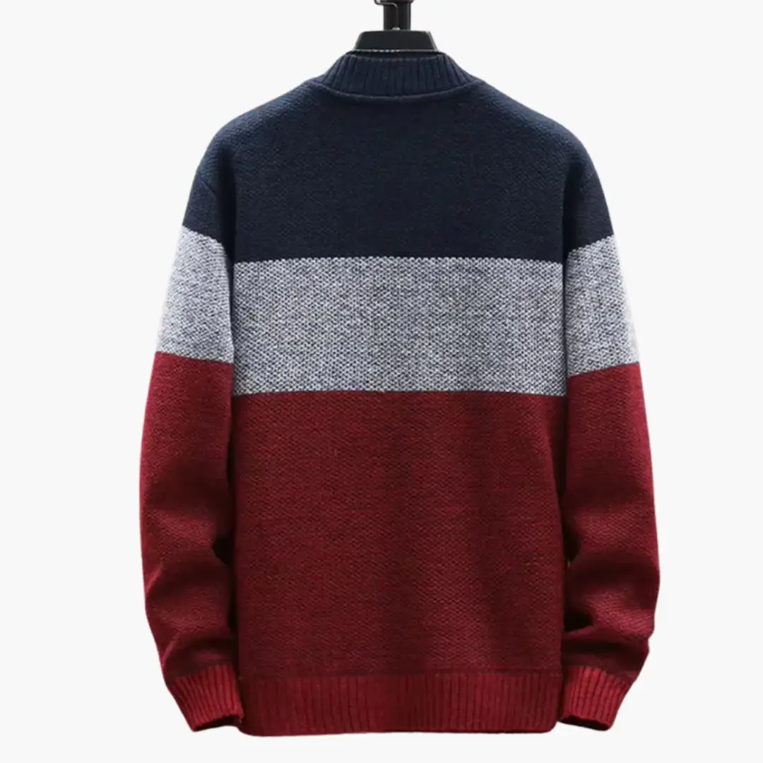 Men's color-block full-zip cardigan in navy, grey, and burgundy knit with a high collar