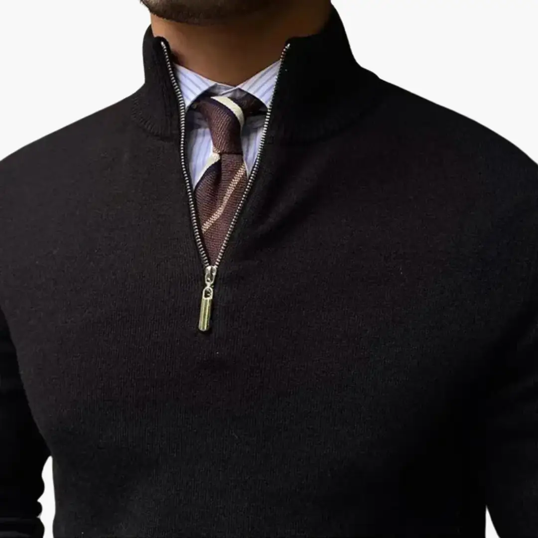 Men’s Zip Jumper with Stand Collar in black by Wilfred Smith, ribbed hem