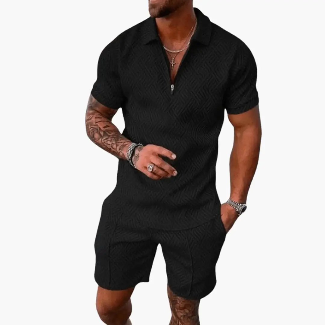 Men’s Zip Polo Two-Piece Set: black short-sleeve polo and matching shorts by Wilfred Smith