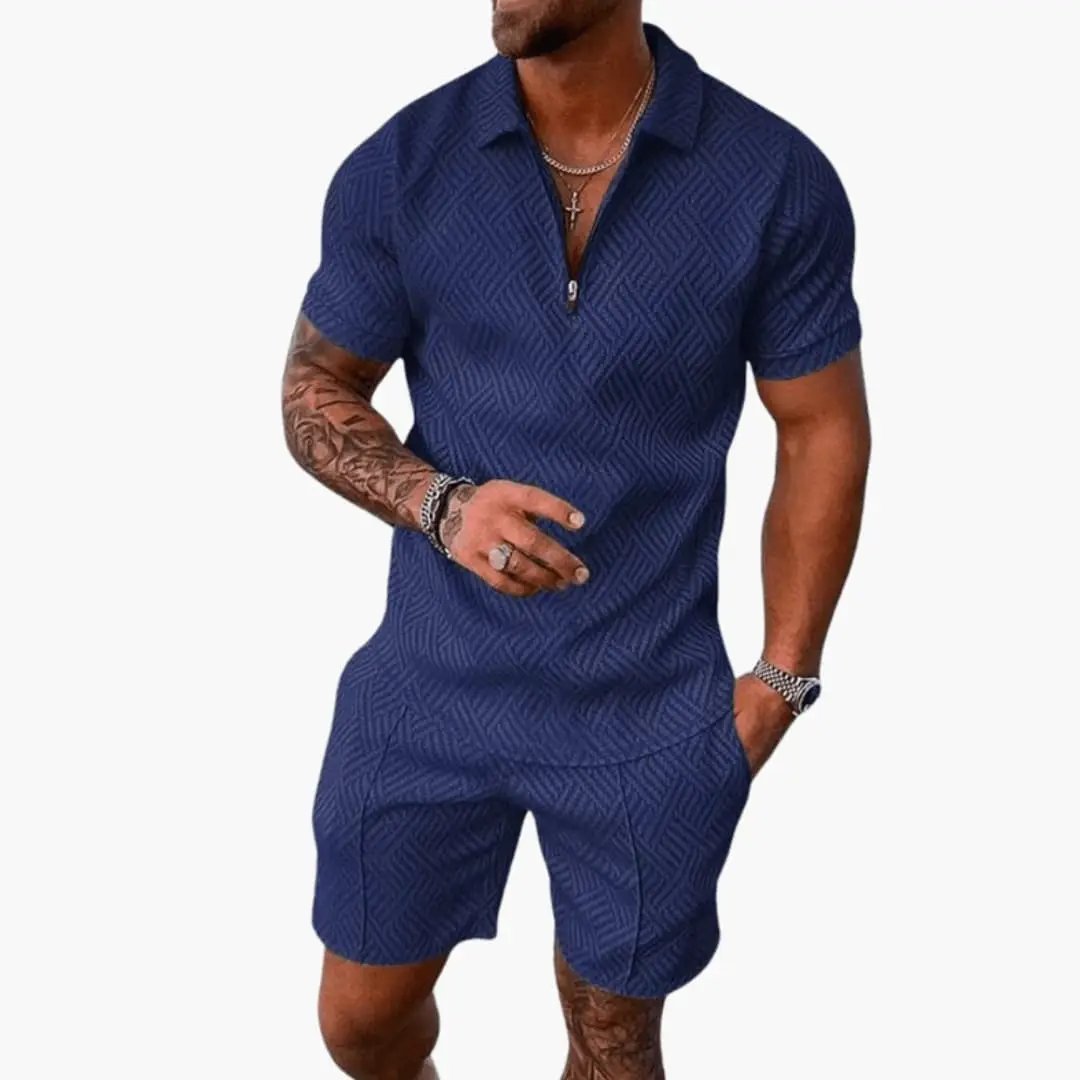 Men’s Zip Polo Two-Piece Set: navy blue geometric print short-sleeve shirt and matching shorts by Wilfred Smith