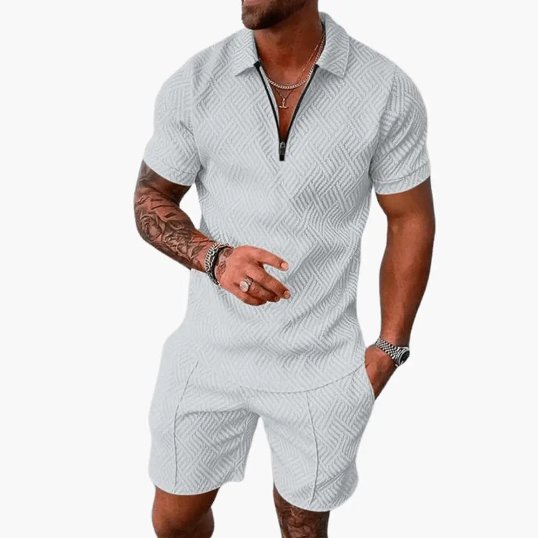 Men’s Zip Polo Two-Piece Set: light gray geometric-pattern short-sleeve shirt with zip-neck and matching shorts