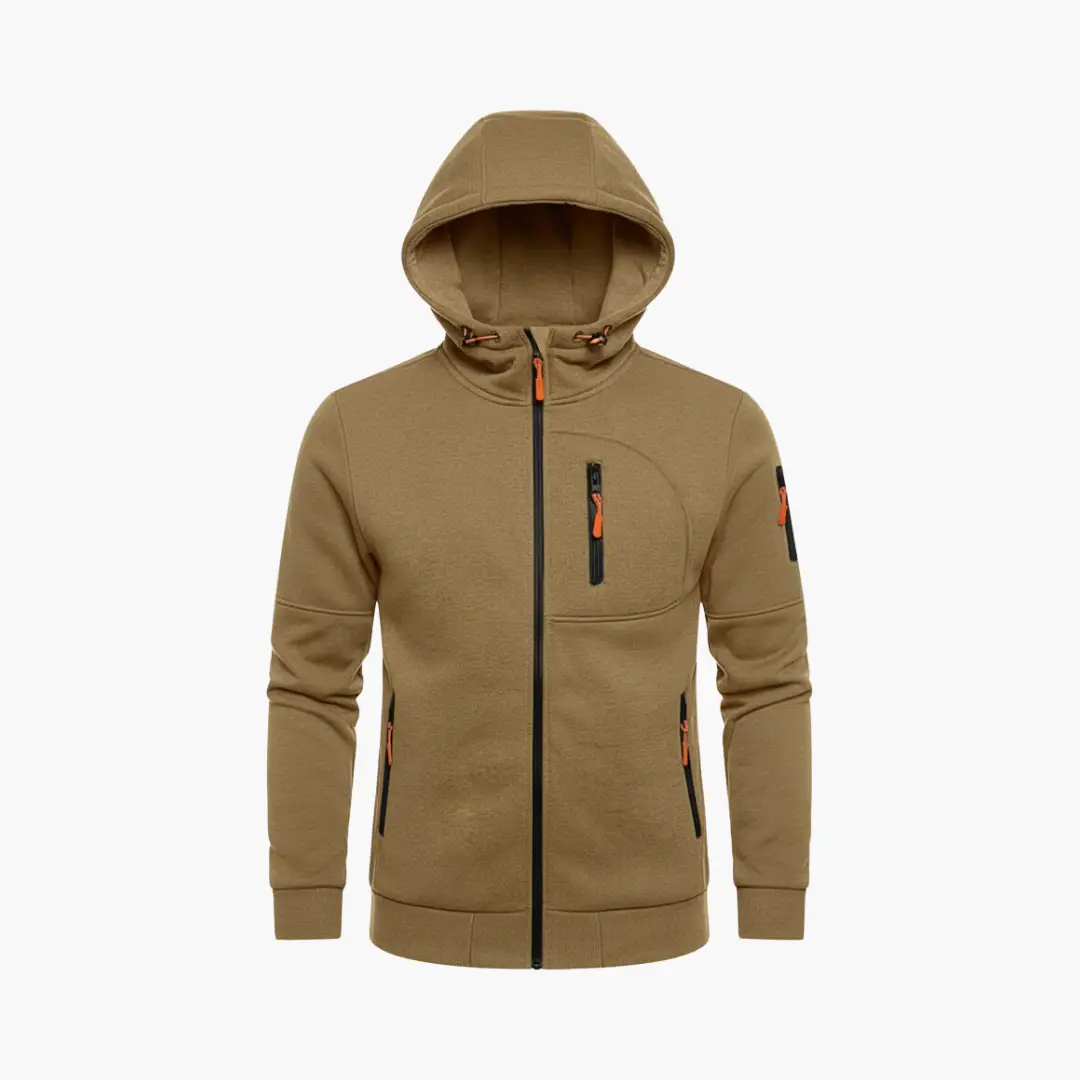 Men’s Hooded Jacket with Zipper and Pockets, tan track jacket with black zippers and orange pulls