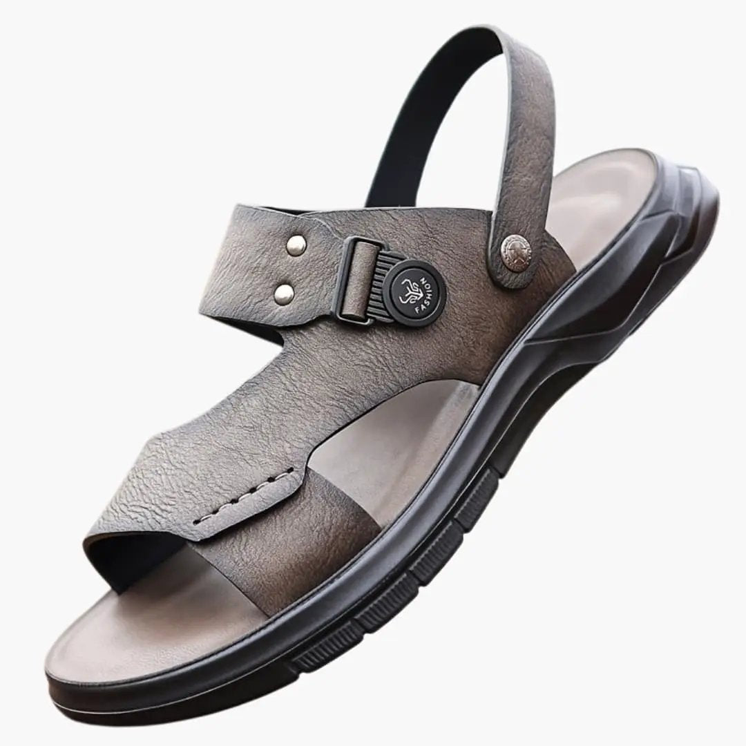 Plus-size men's sandals by Wilfred Smith, brown leather upper, cushioned sole, slip-on design