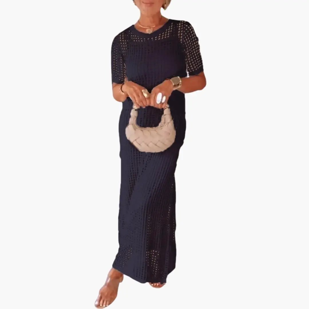 Women's long navy dress with cut-out crochet-knit pattern