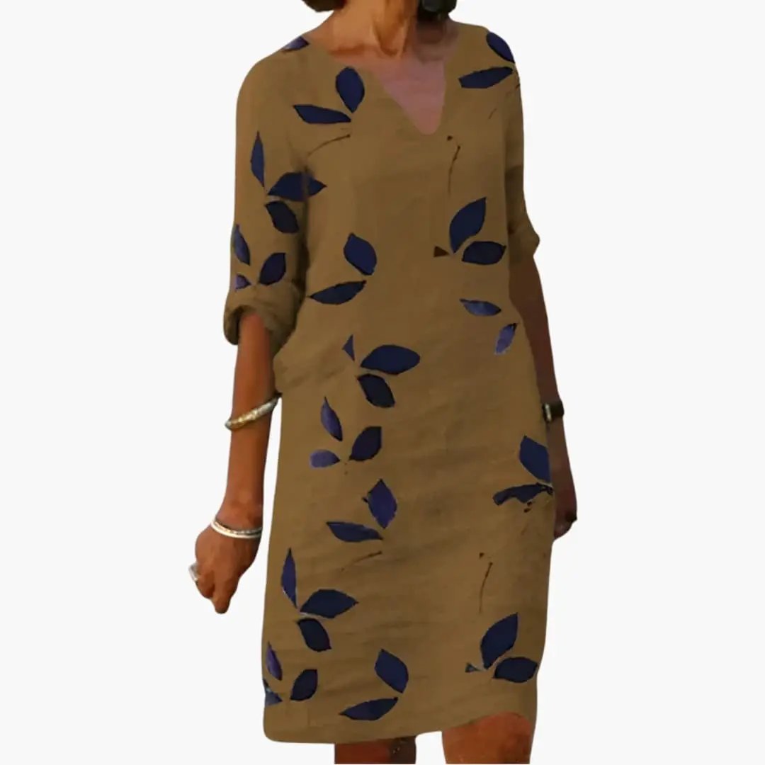 Women's summer dress with V-neck, tan fabric and blue leaf print, loose fit