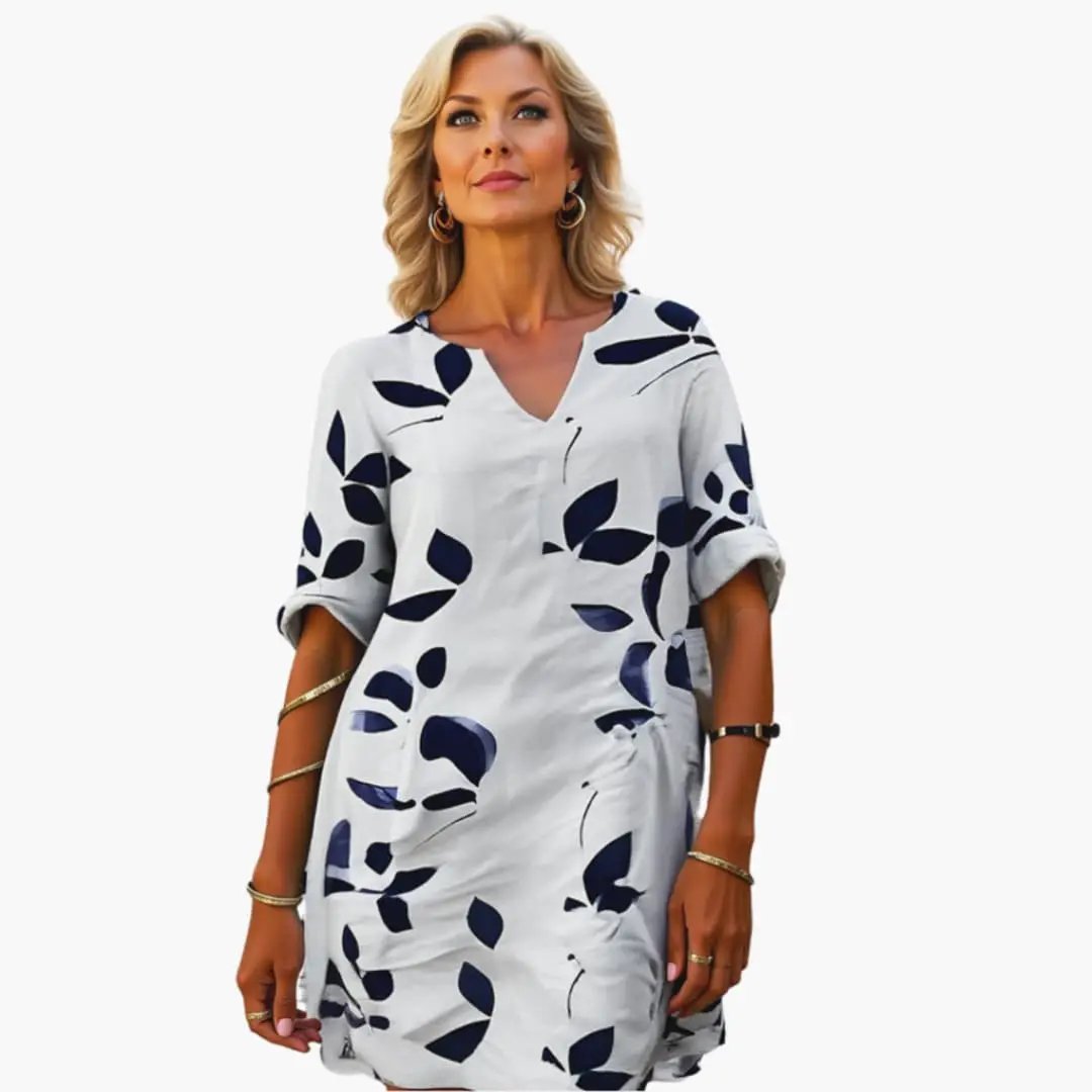Wilfred Smith women's summer dress, white with navy leaf print, V-neck, loose-fit