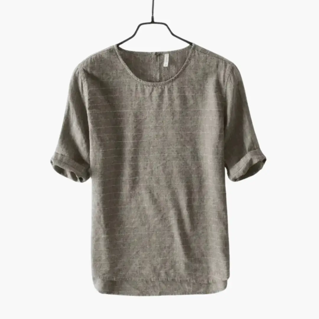 The Geneva Short Sleeve T-Shirt taupe linen-textured men's tee with rolled sleeves