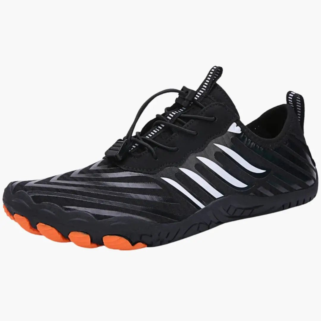 Men's Orthopedic Sneakers by Wilfred Smith with Barefoot Design and Flexible Sole, black with orange outsole accents