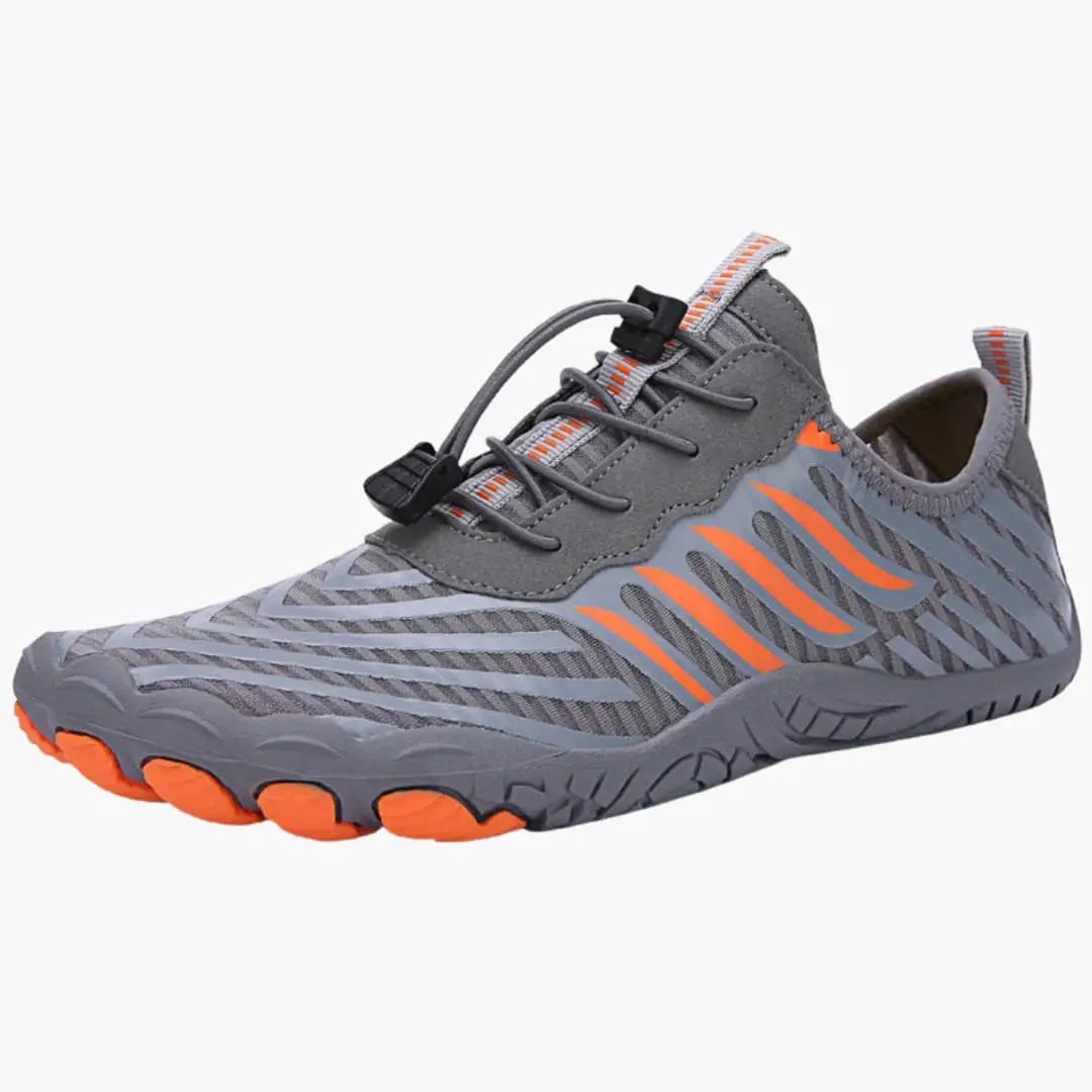 Men's orthopedic sneakers with barefoot design, gray upper and orange accents, flexible sole