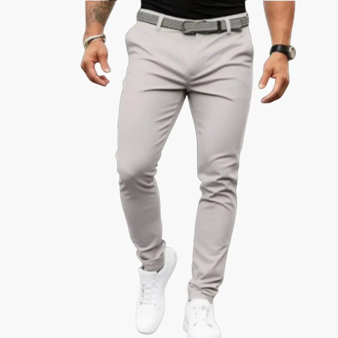 Men's Business Pants by Wilfred Smith, light gray trousers with defined fit and waistband
