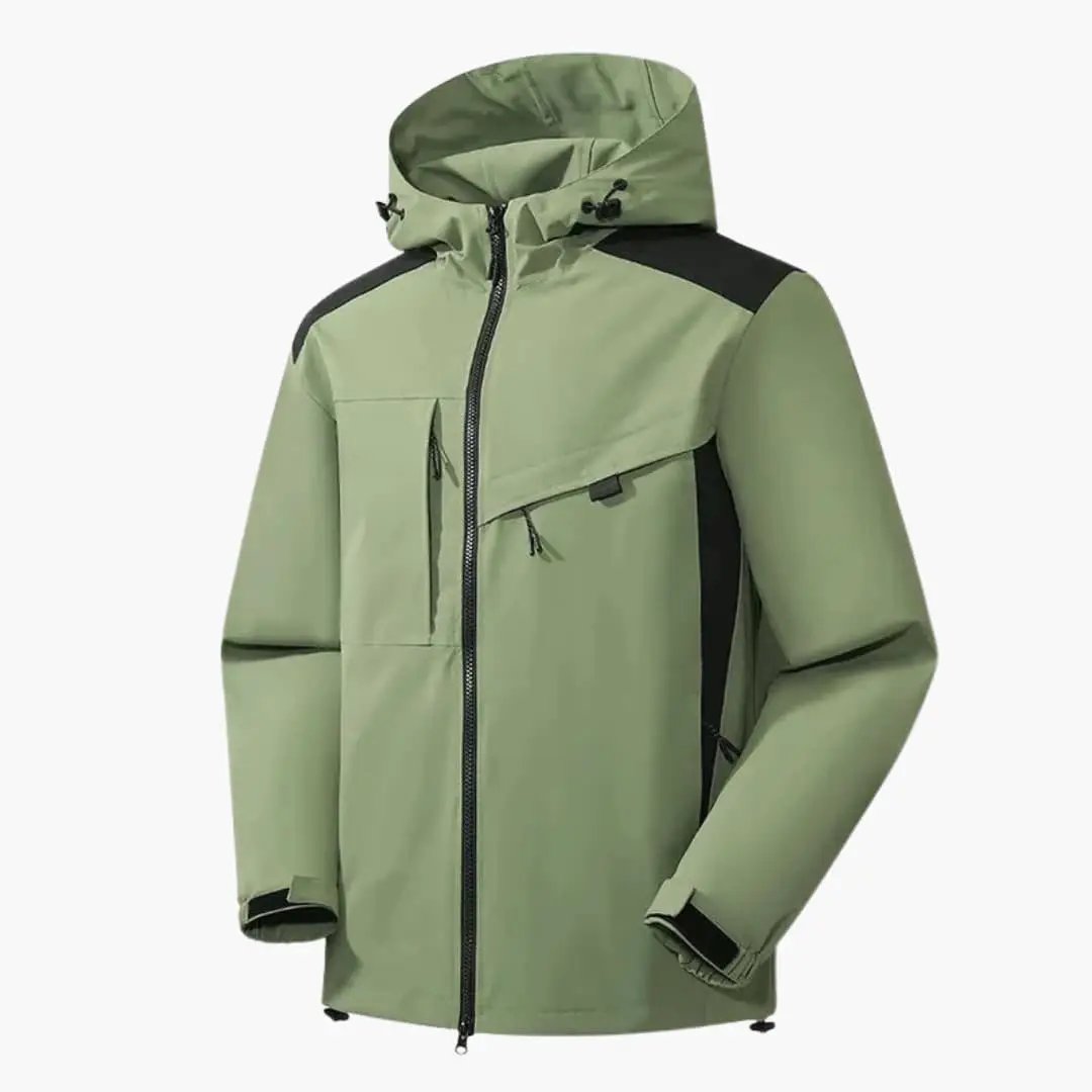 Men's ski jacket with hood in olive green and black shoulder panels, zip pockets