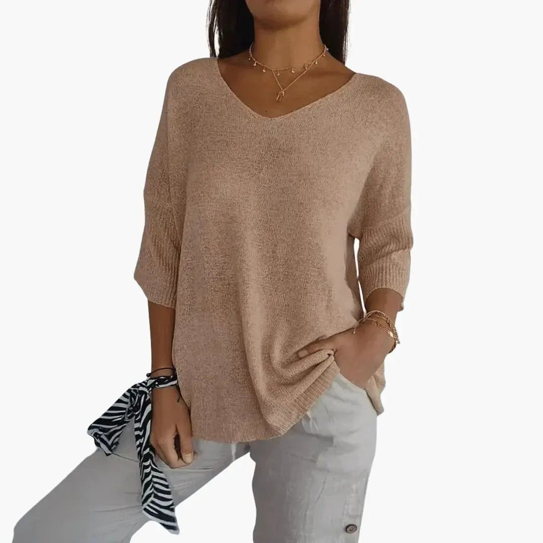 Wilfred Smith Women's V-Neck Top, beige loose-knit sweater with 3/4 sleeves for casual summer wear