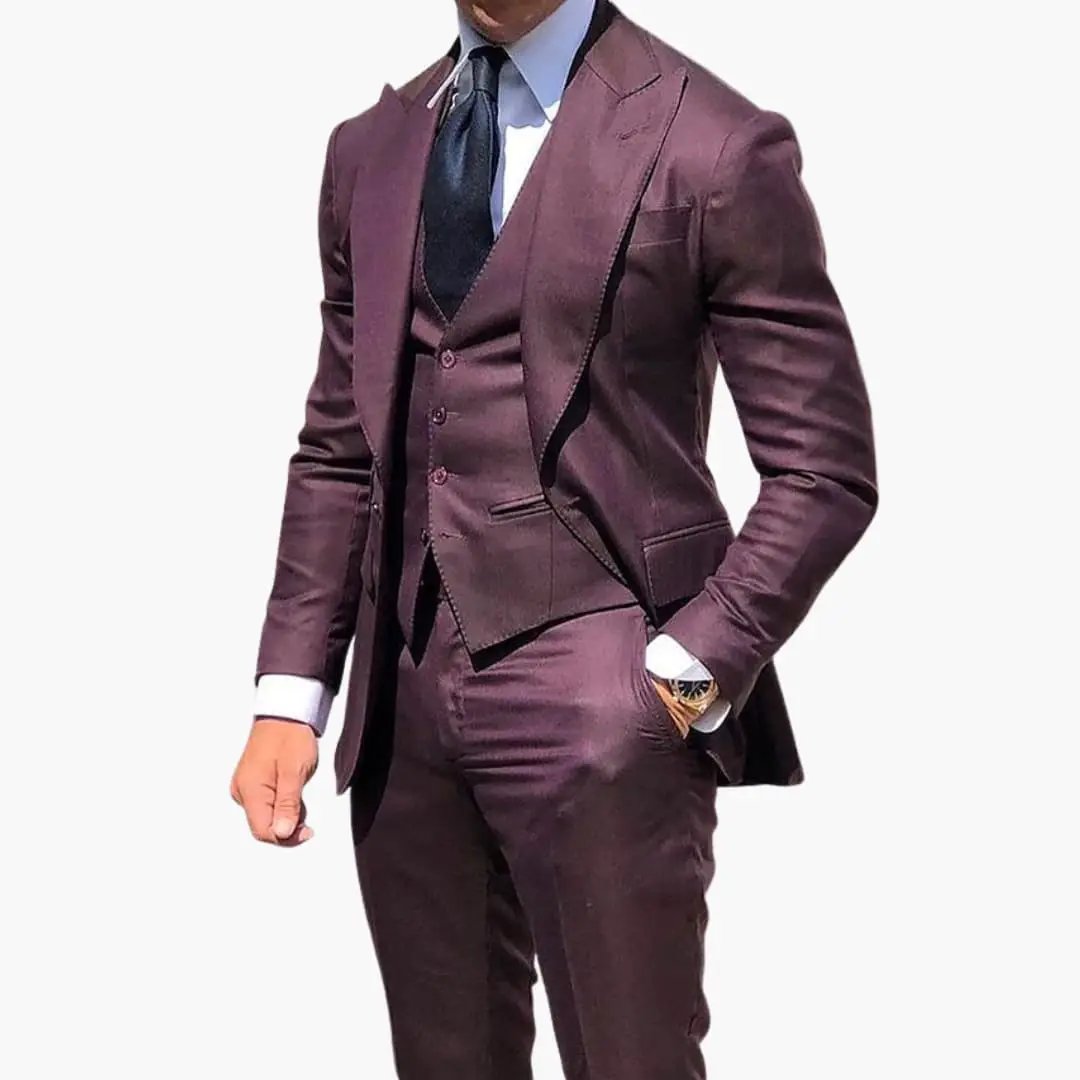 Men's burgundy three-piece suit set with vest, jacket and pants
