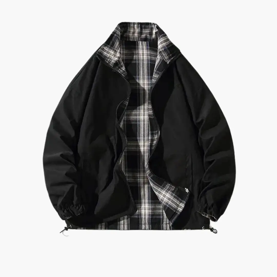 Men's bomber jacket with zipper, black outer shell and plaid lining