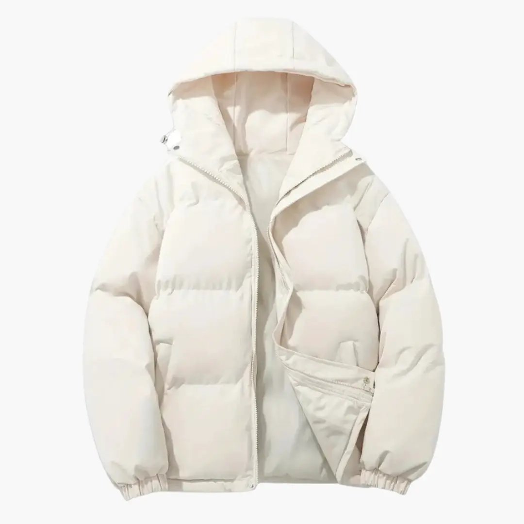 Men's Hooded Puffer Jacket in cream with full zip and side welt pockets