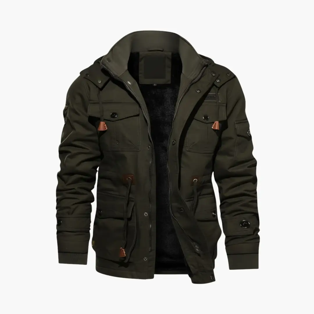 Men's Utility Jacket with Hood by Wilfred Smith in olive green, zip-front windbreaker with multiple pockets