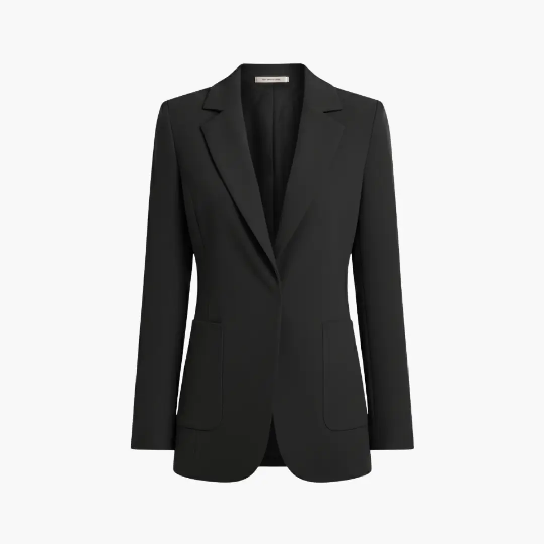 Women’s blazer with open-front black long-sleeve jacket with patch pockets