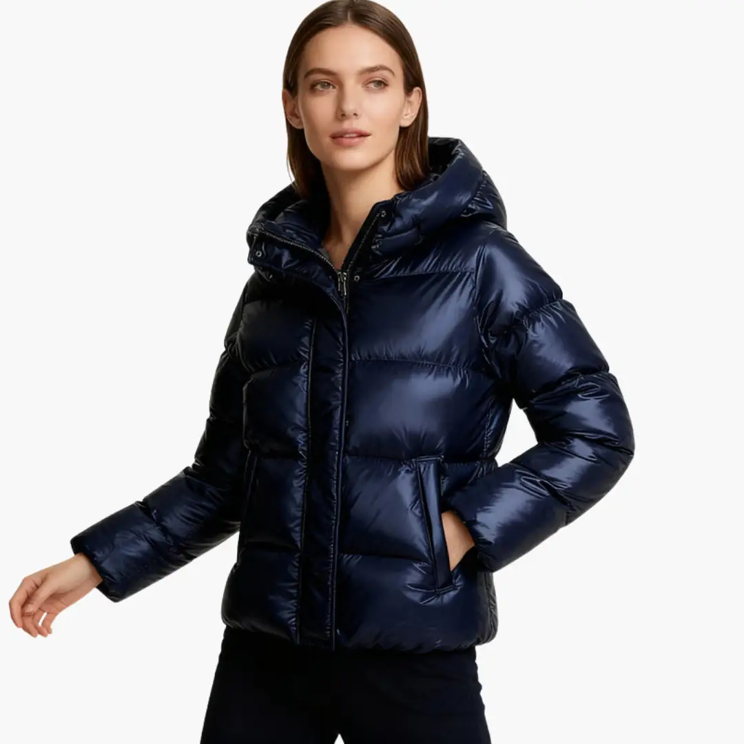 Women Quilted Jacket with Hood and Zipper, navy blue puffer