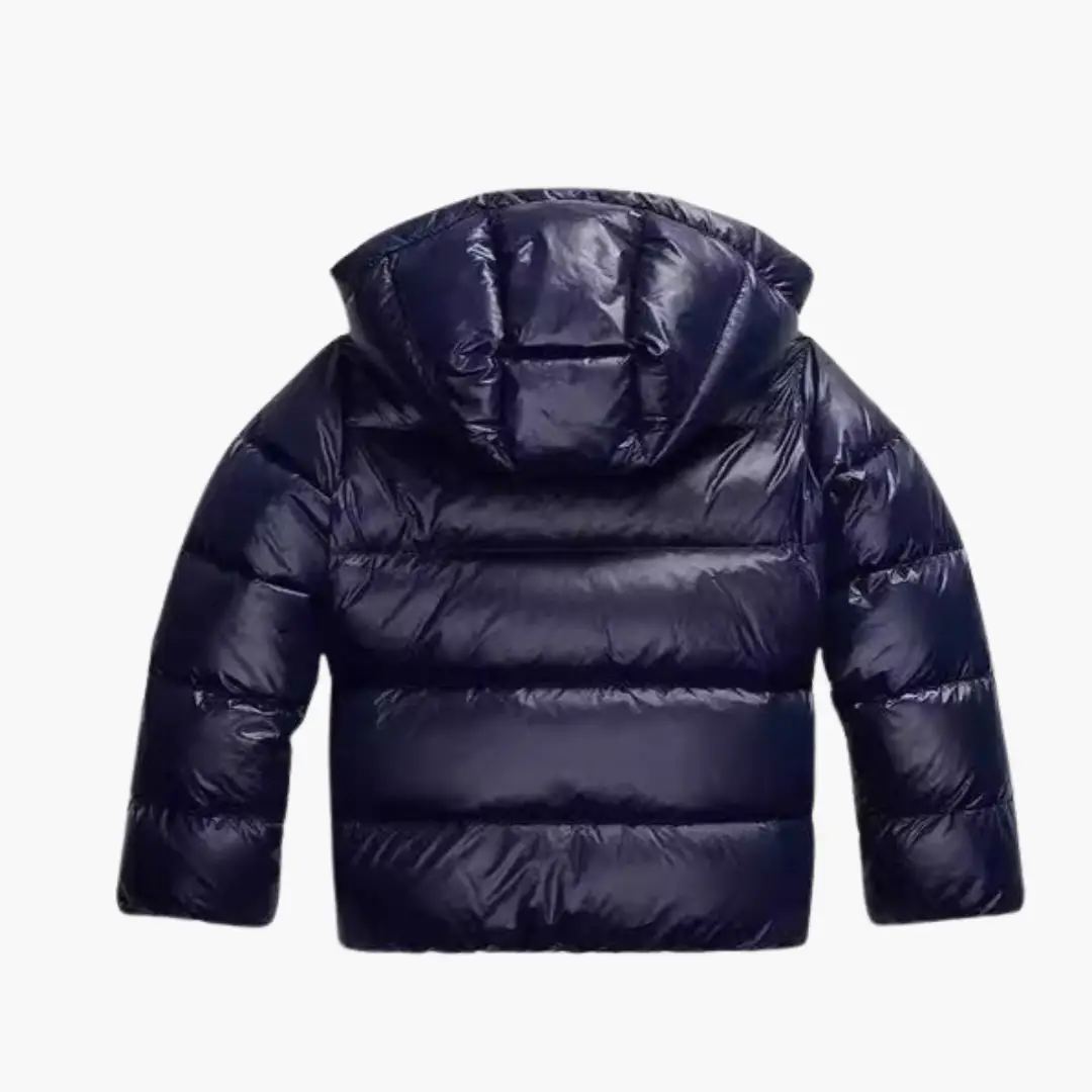 Women’s navy quilted puffer jacket with hood and zipper by Wilfred Smith