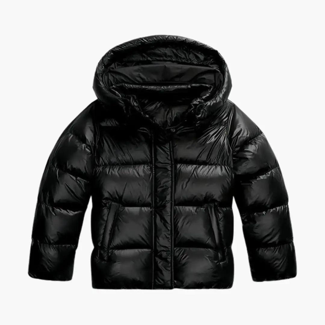 Women quilted hooded jacket with zipper, black puffer by Wilfred Smith