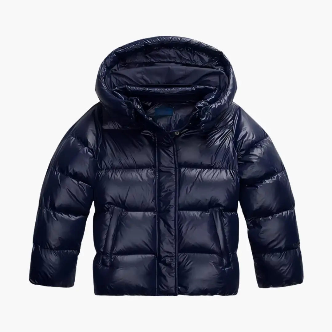 Women Quilted Jacket with Hood and Zipper by Wilfred Smith, navy blue short puffer