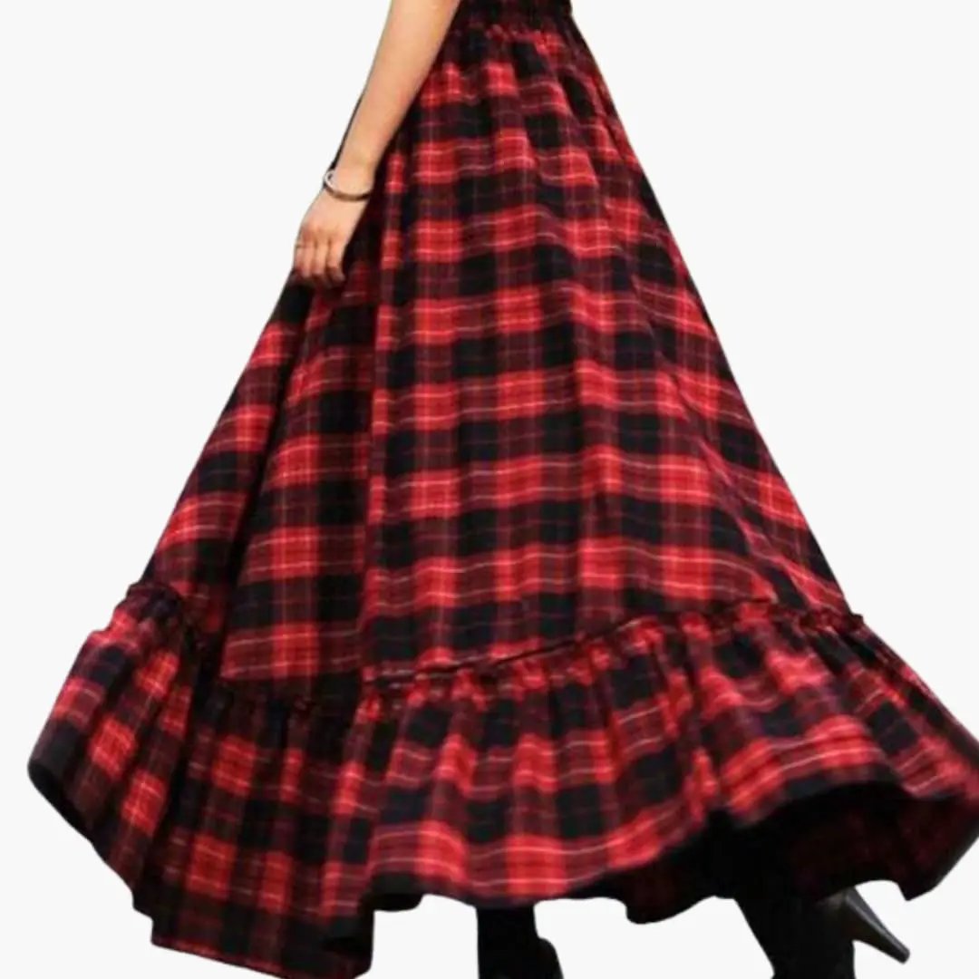 Wilfred Smith women's A-line plaid skirt in red and black with elastic waistband and flared hem