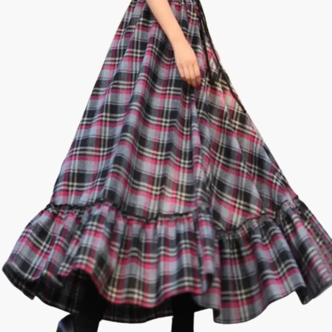 Women's A-line plaid skirt with elastic waistband and flared hem in pink, gray, and black tones