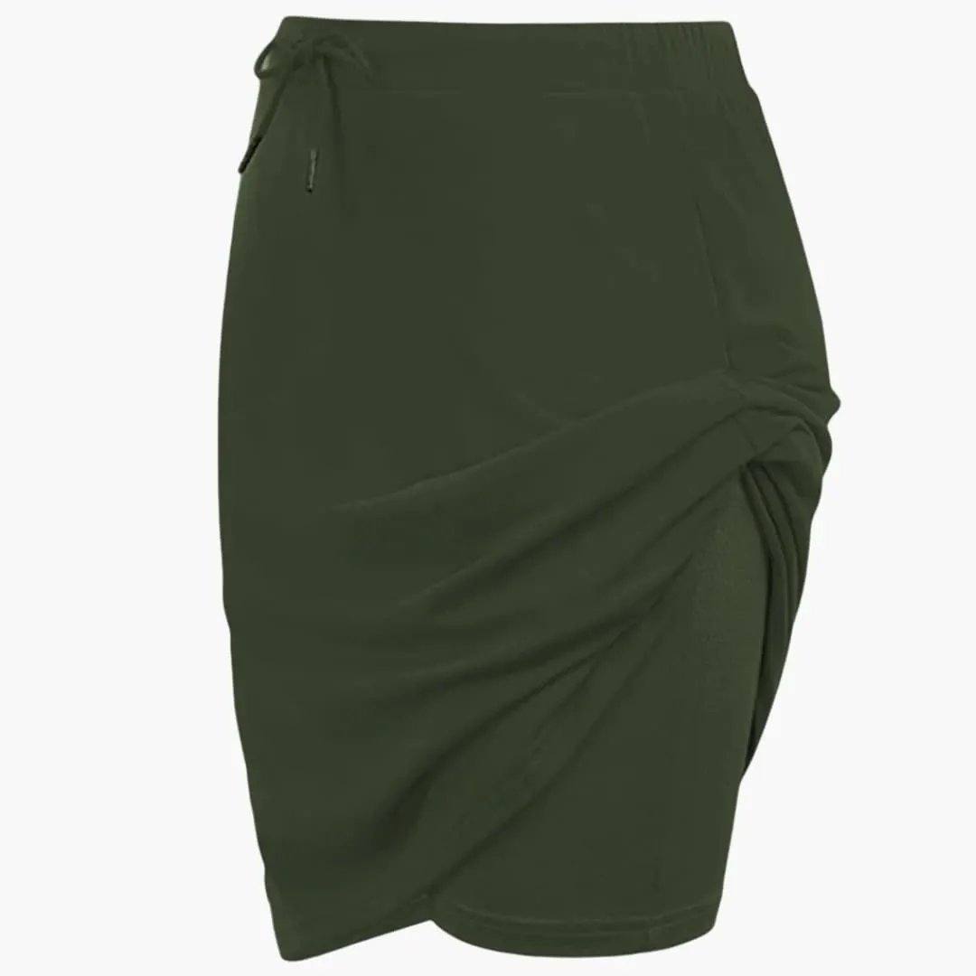 Women's A-line skirt by Wilfred Smith in olive green with lace-up waist and draped panel detail.