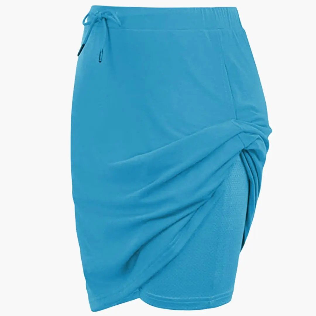 Women's A-Line Skirt with lace-up waist and draped panel seams in turquoise