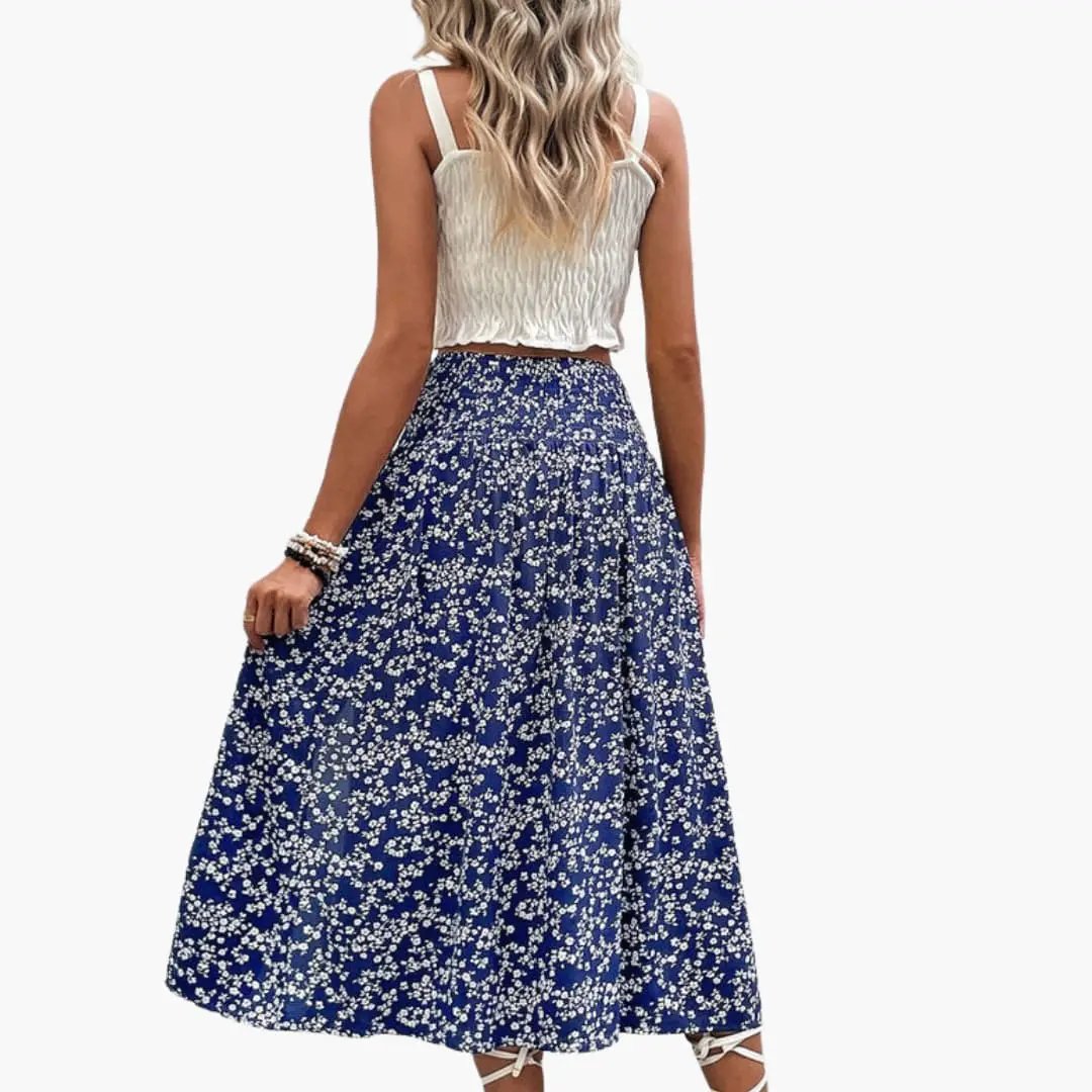 Women's A-Line floral printed skirt with side split, blue with white blossoms