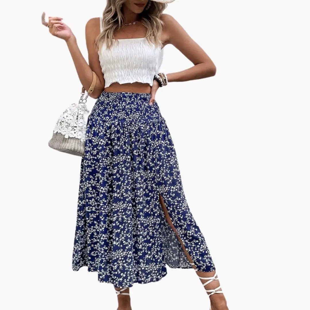 Women's A-line navy floral-printed skirt with side slit by Wilfred Smith